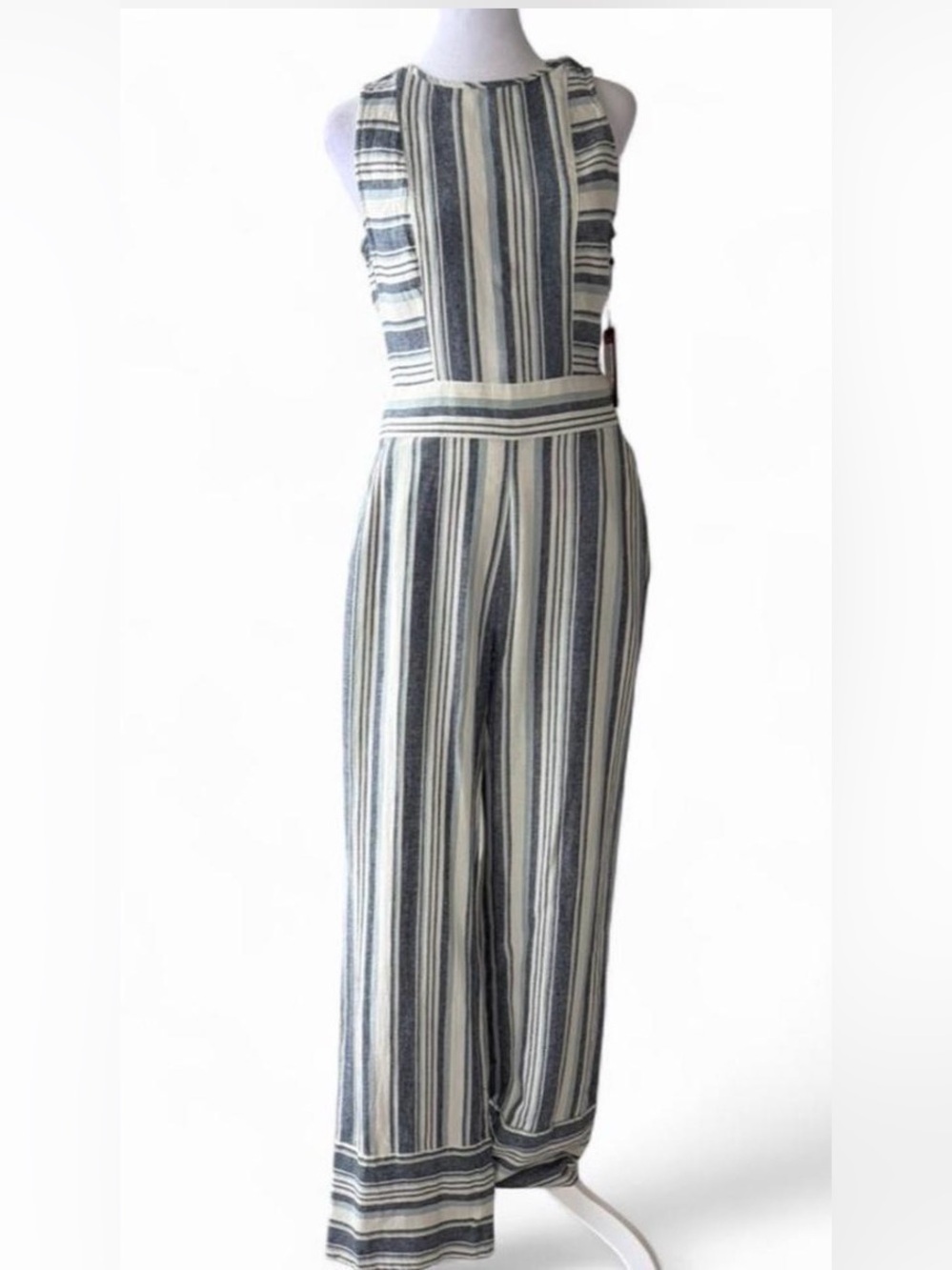 Vince Camuto Blue and White Striped Sleeveless Wide-Leg Jumpsuit Linen Blend
